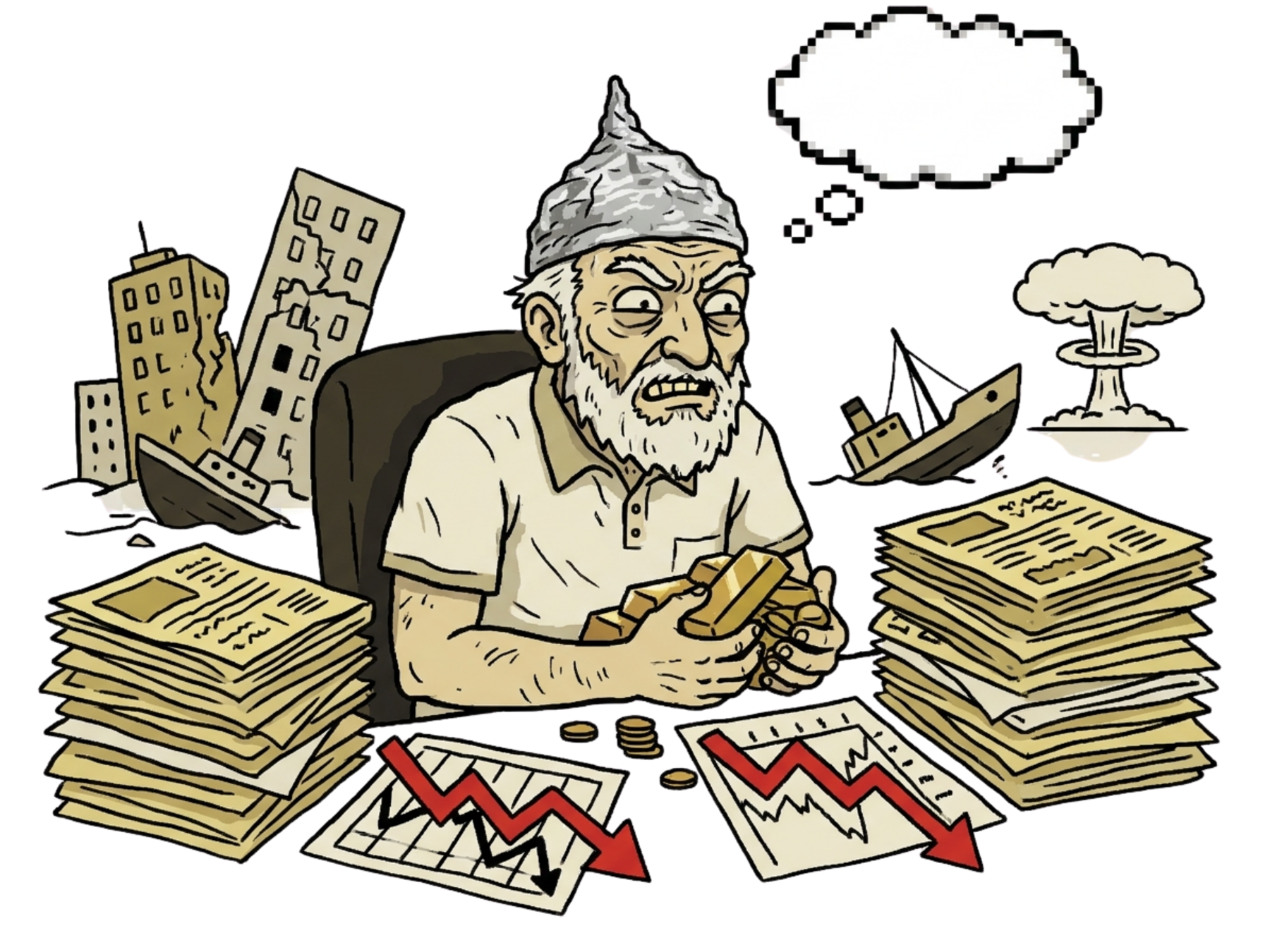 Paranoid boomer clutching gold amid newspapers, falling charts and imagined disasters