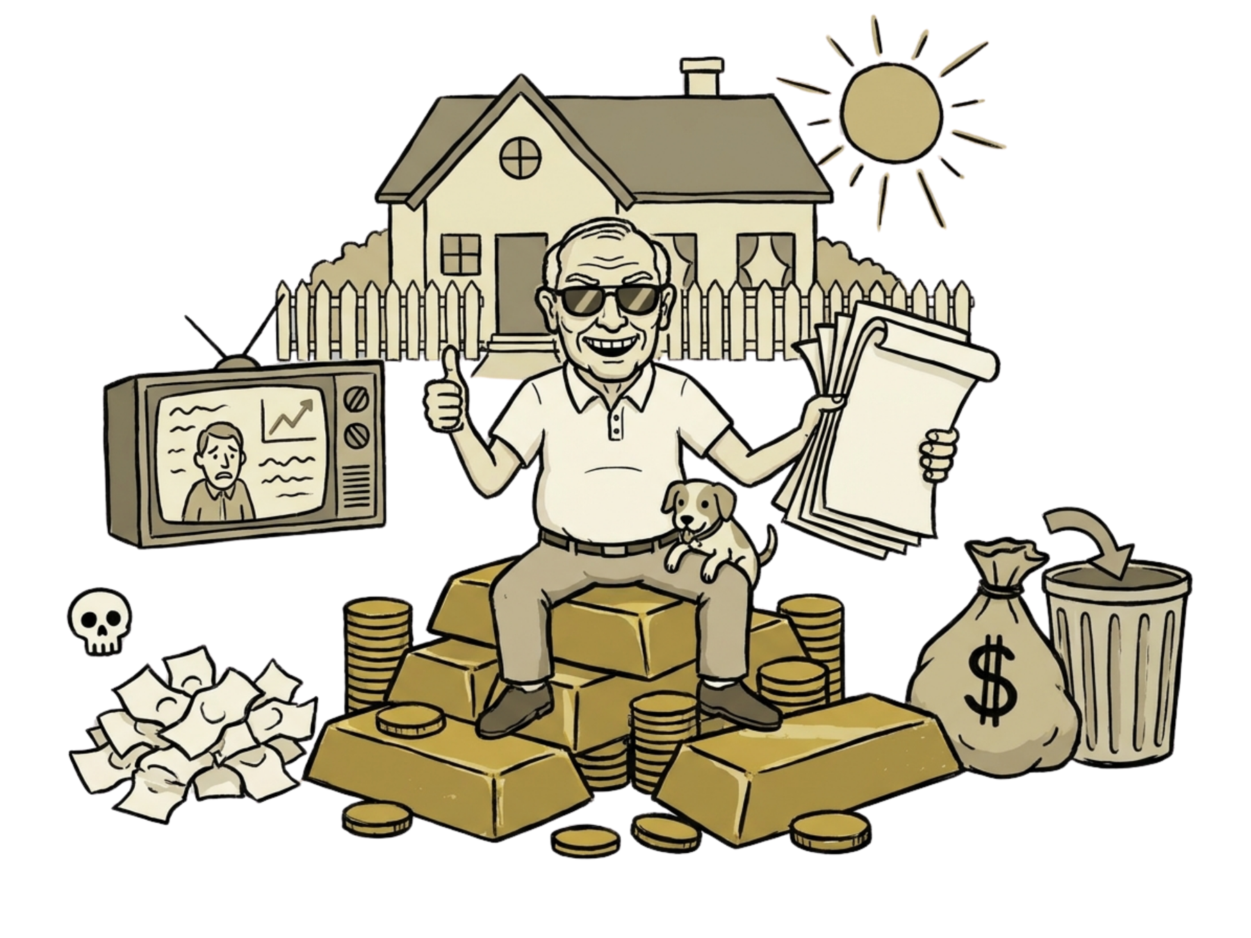 Happy boomer sitting on gold with a house, newspapers, dog and discarded bills