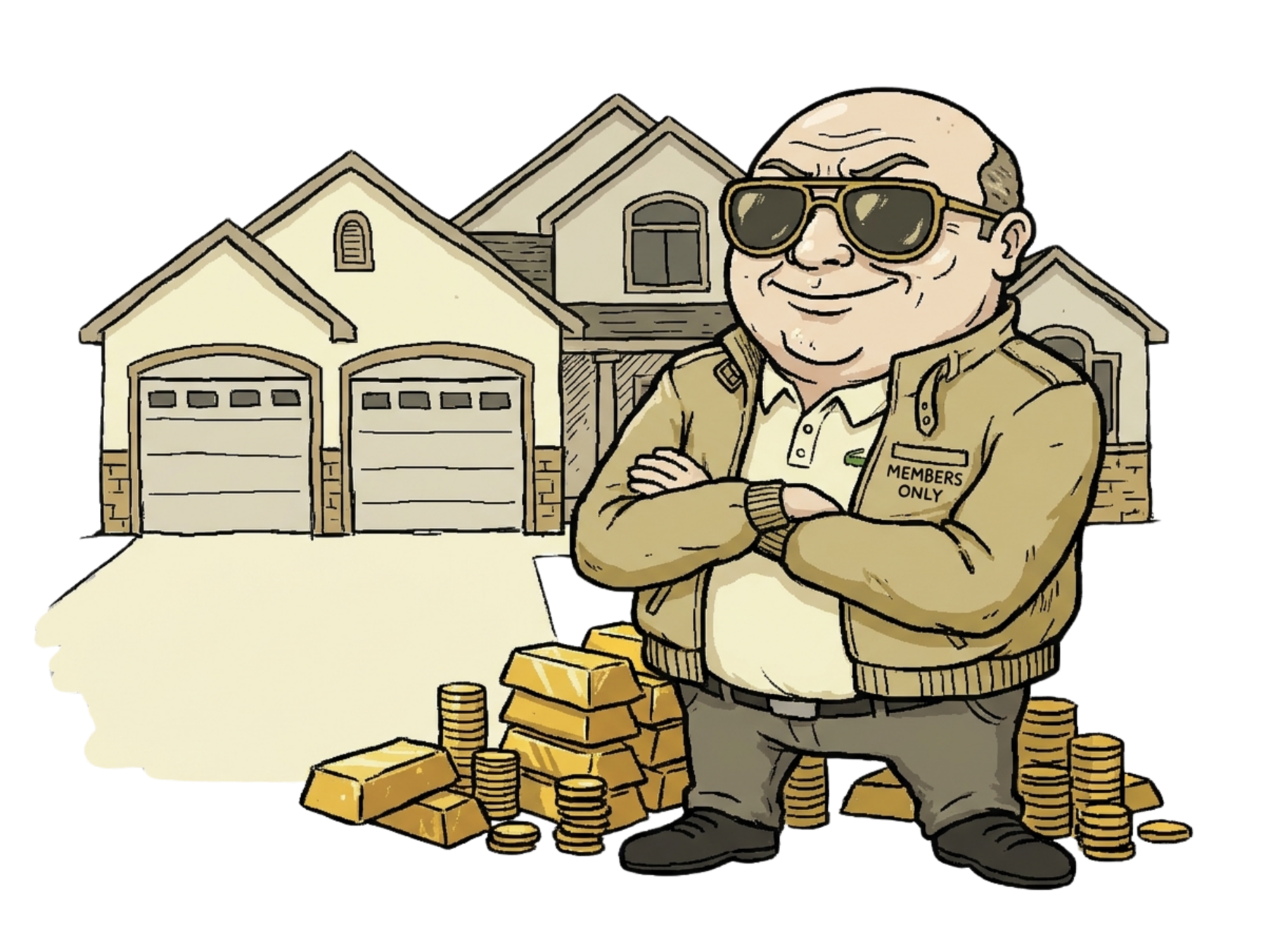 Smug boomer standing in front of a large suburban house with piles of gold