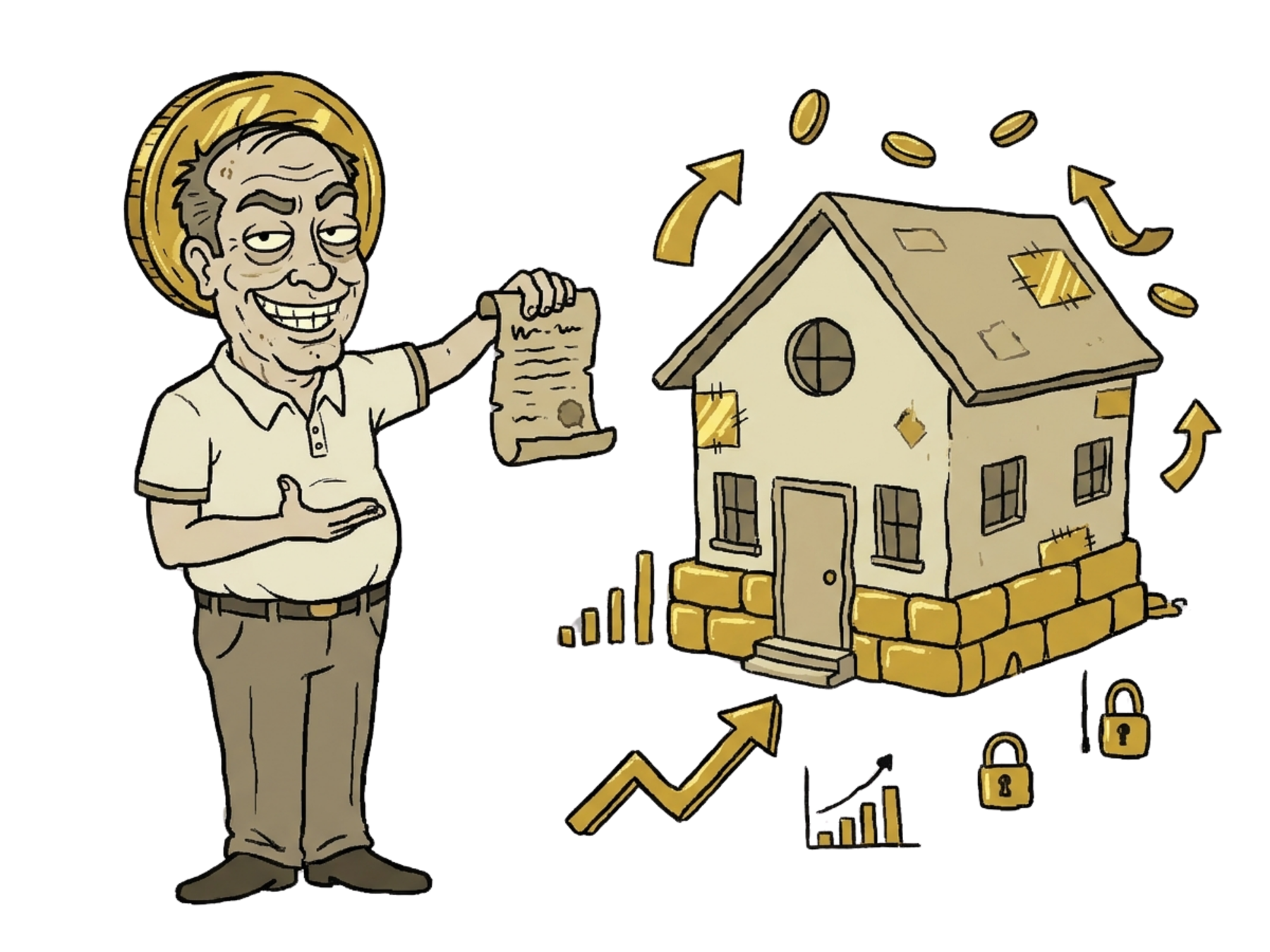 Boomer presenting a house with a rising value chart and gold foundation