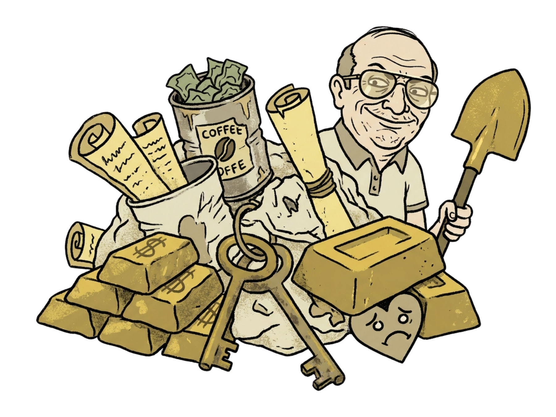 Boomer with gold bars, property keys, coffee tins and financial papers