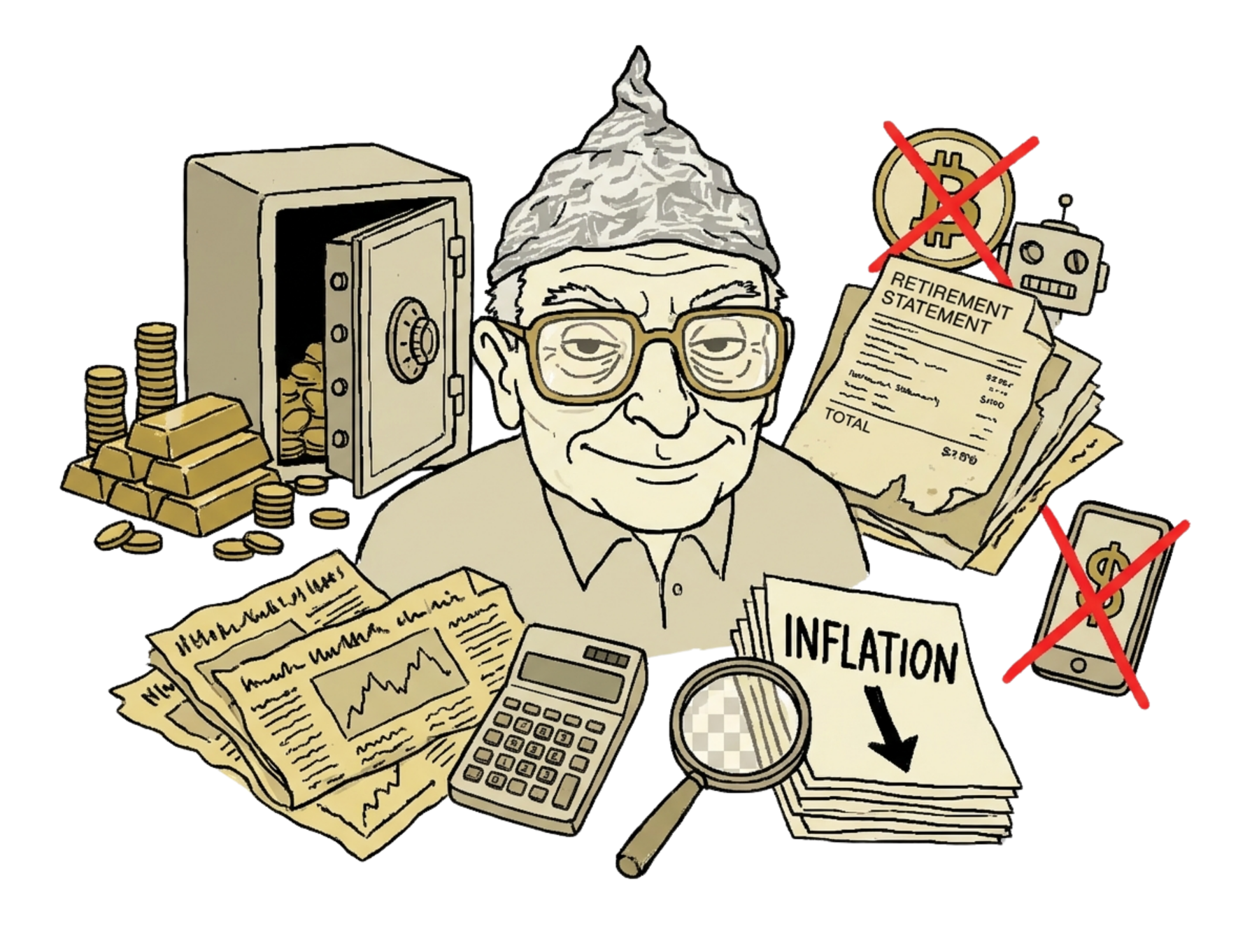 Tinfoil-hat boomer surrounded by a safe, gold, inflation papers and crossed-out modern finance symbols